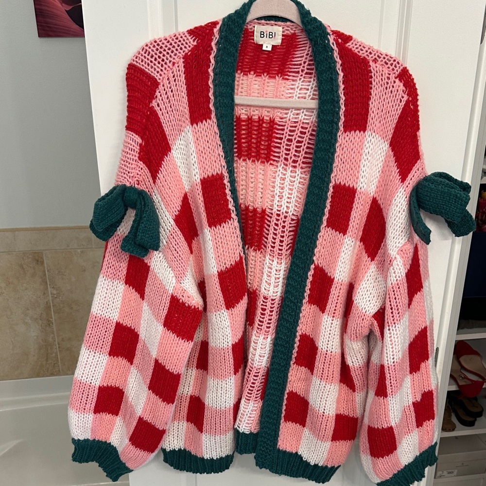 BiBi Red and Pink Checkered Cardigan with Green Trim
